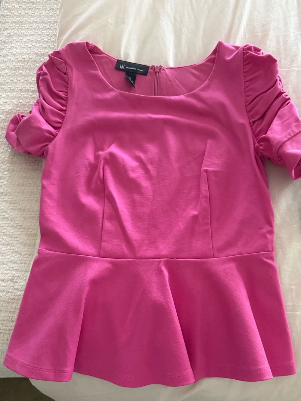 INC International Concepts Hot Pink Peplum Top with Ruched Sleeves